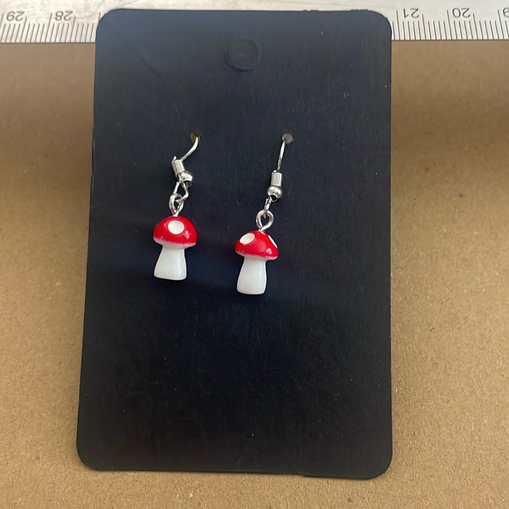 Red mushroom homemade silver earrings with plastic backing
